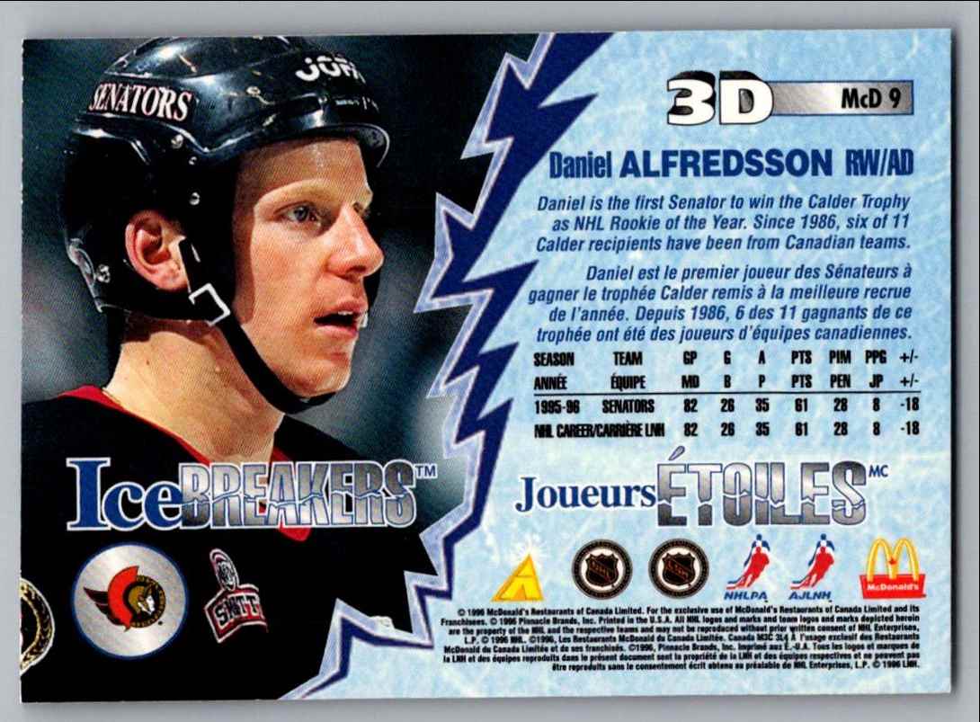 1996-97 Pinnacle McDonald's 3D Ice Breakers Daniel Alfredsson #MCD9 card back image