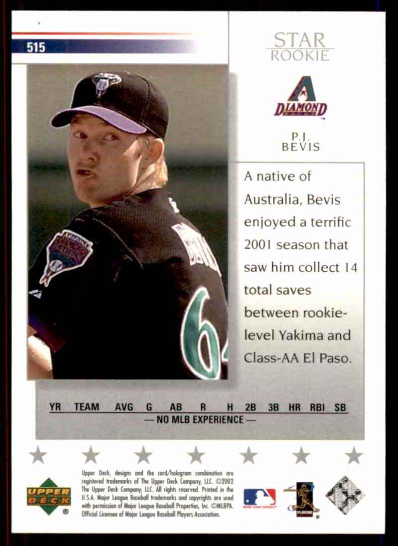 2002 Upper Deck P.J. Bevis Sr RC #515 card back image