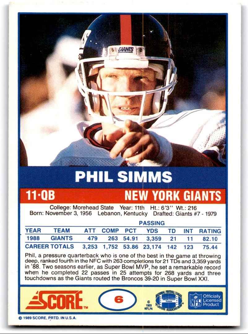 1989 Score Phil Simms #6 card back image