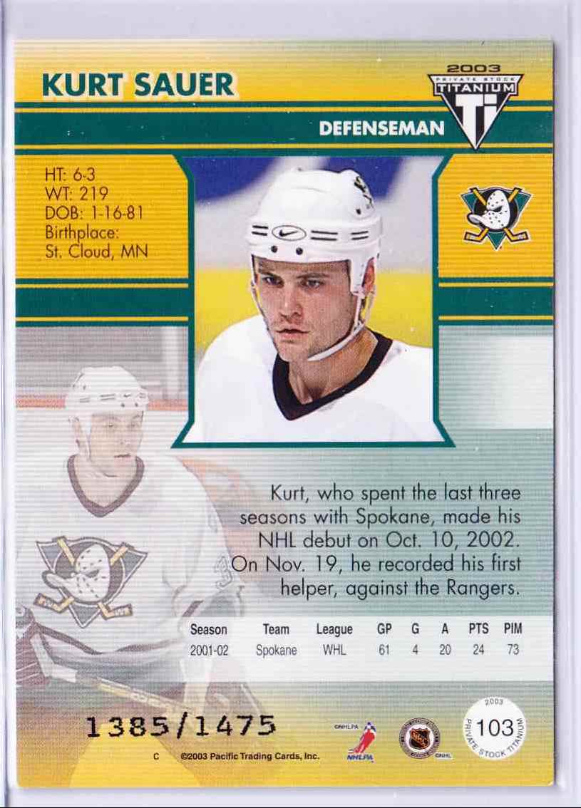 2002-03 Panini Titanium Private Stock Kurt Sauer #103 card back image