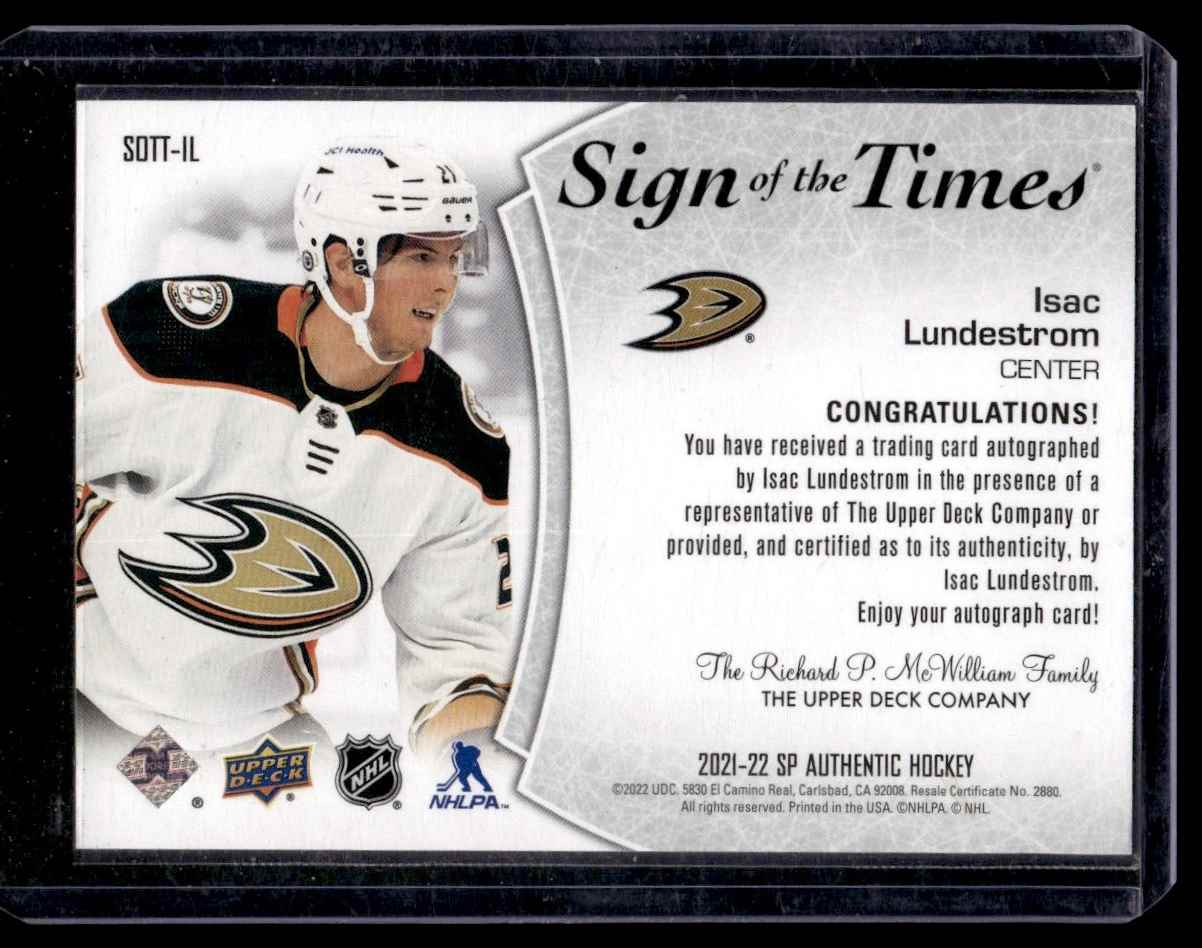 2021-22 SP Authentic Sign Of The Times Isac Lundestrom #SOTT-IL card back image