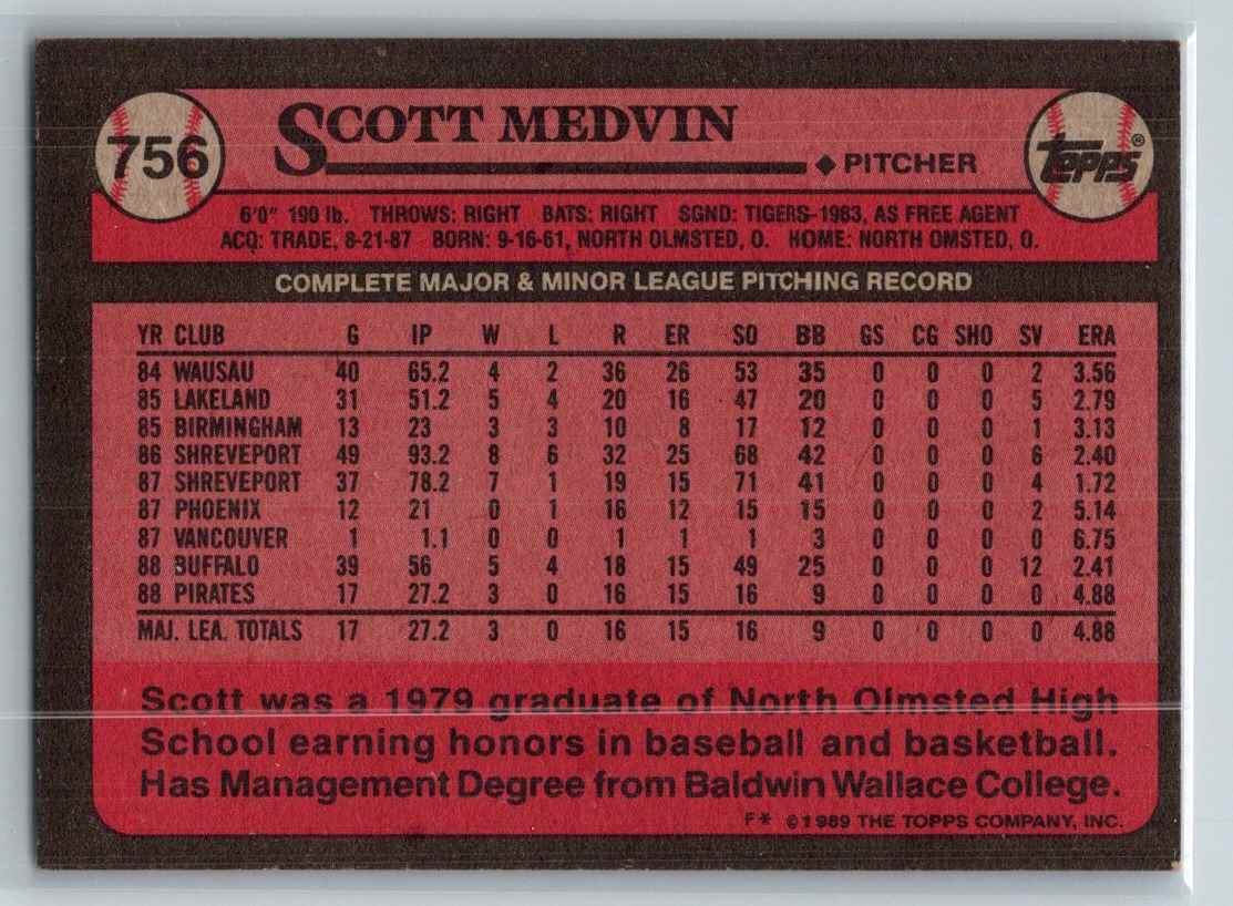 1989 Topps Scott Medvin #756 card back image