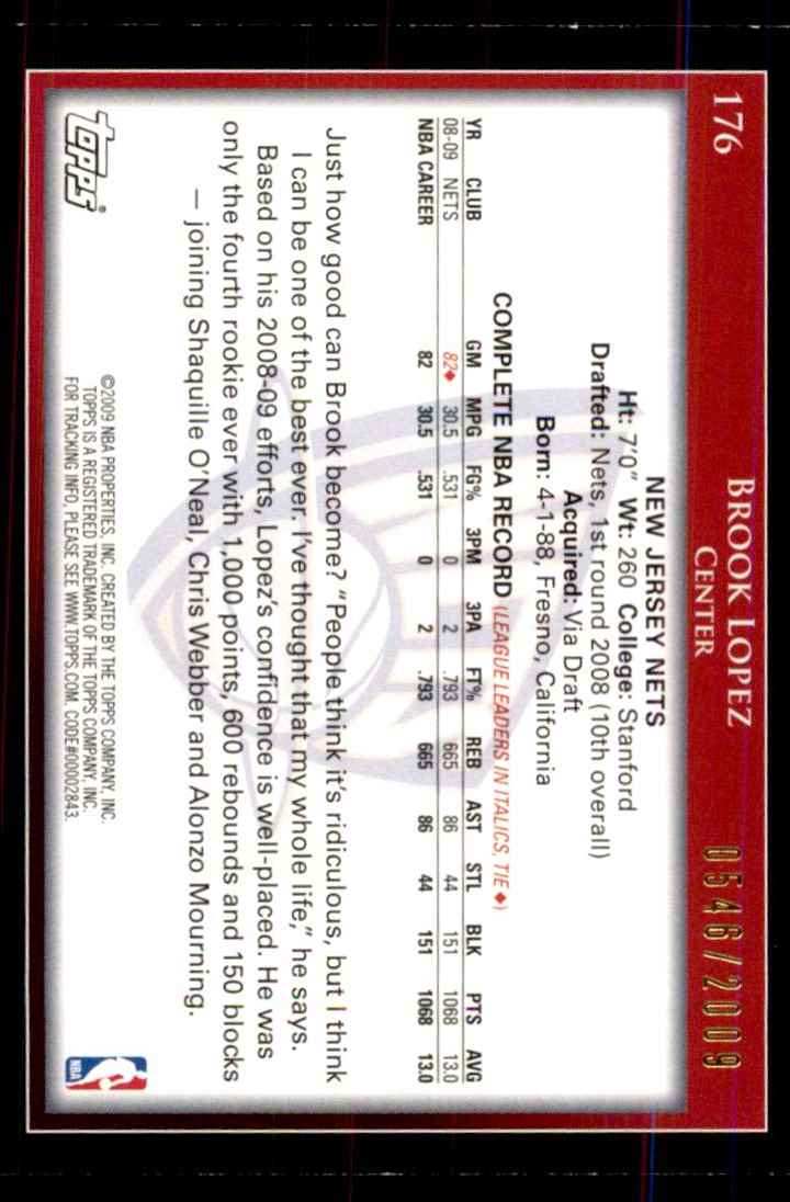 2009-10 Topps Gold Brook Lopez #176 card back image