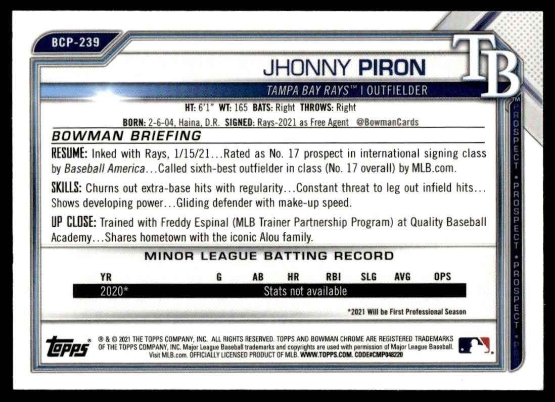 2021 Bowman Chrome Prospects Mojo Refractor Jhonny Piron #BCP-239 card back image