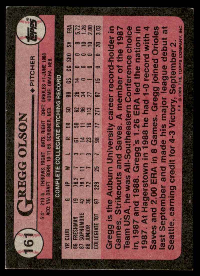 1989 Topps Gregg Olson #161 card back image