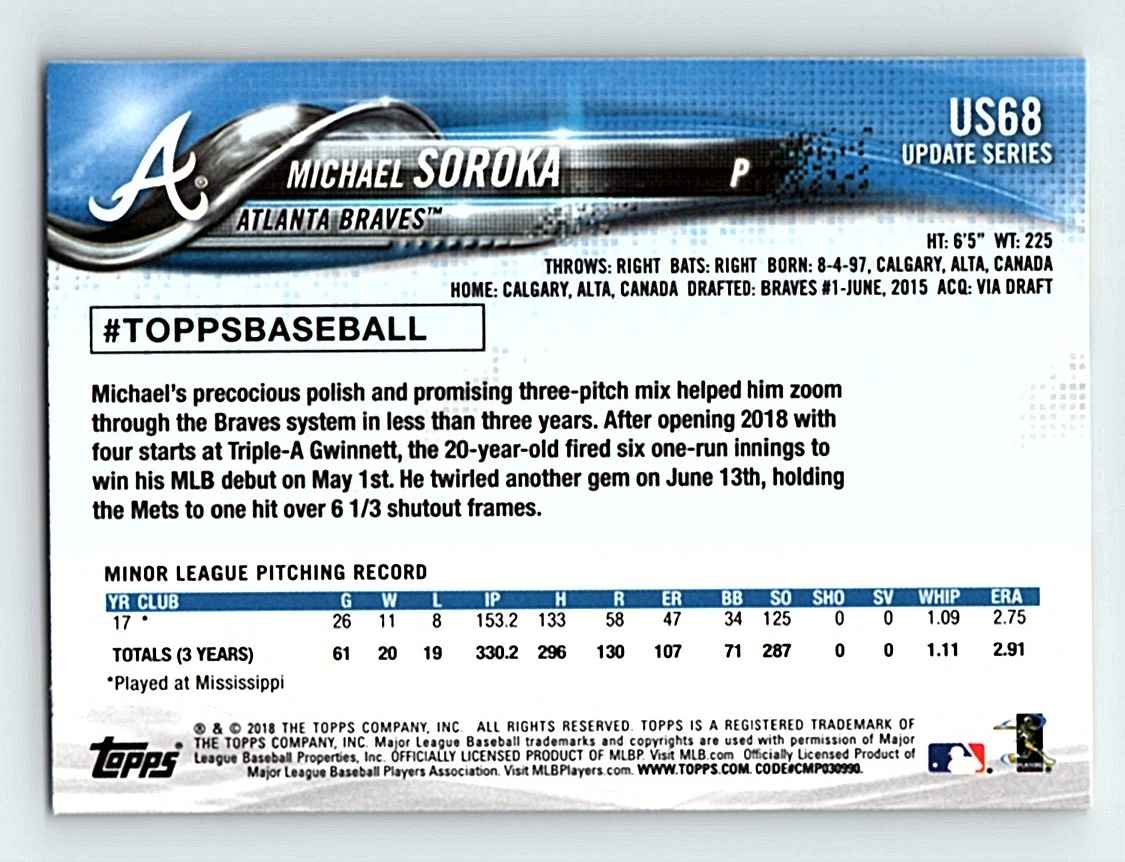 2018 Topps Update Michael Soroka #US68 card back image