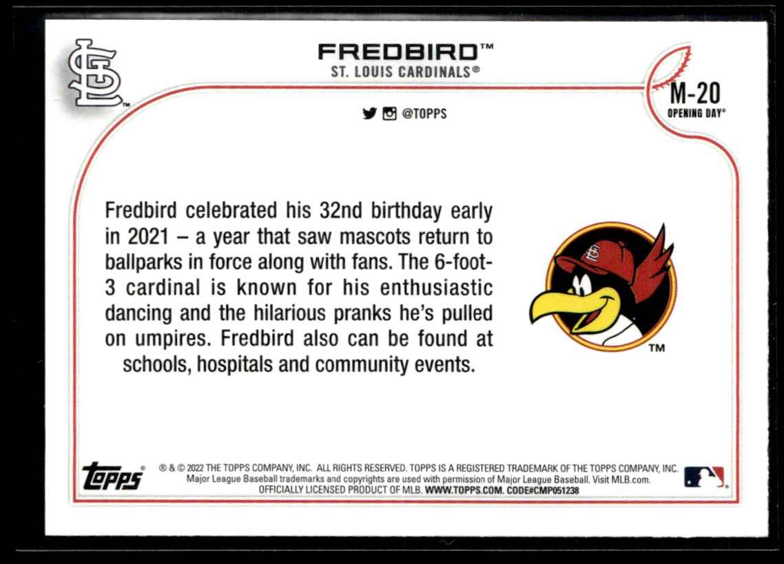 2022 Topps Opening Day Mascots Fredbird #M-20 card back image