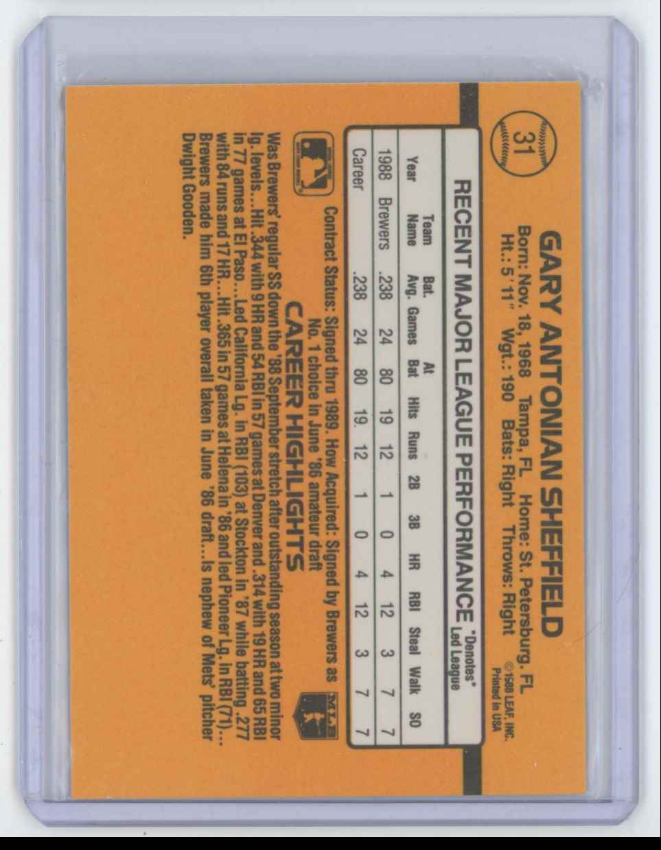 1989 Donruss Gary Sheffield #31 card back image