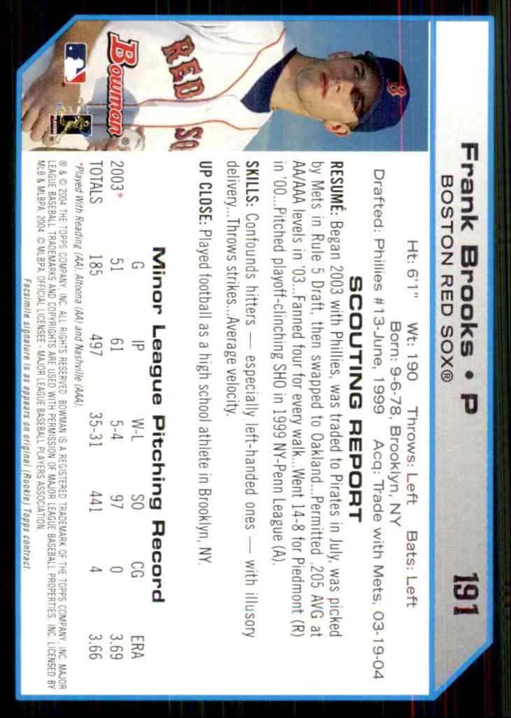 2004 Bowman Frank Brooks Fy RC #191 card back image