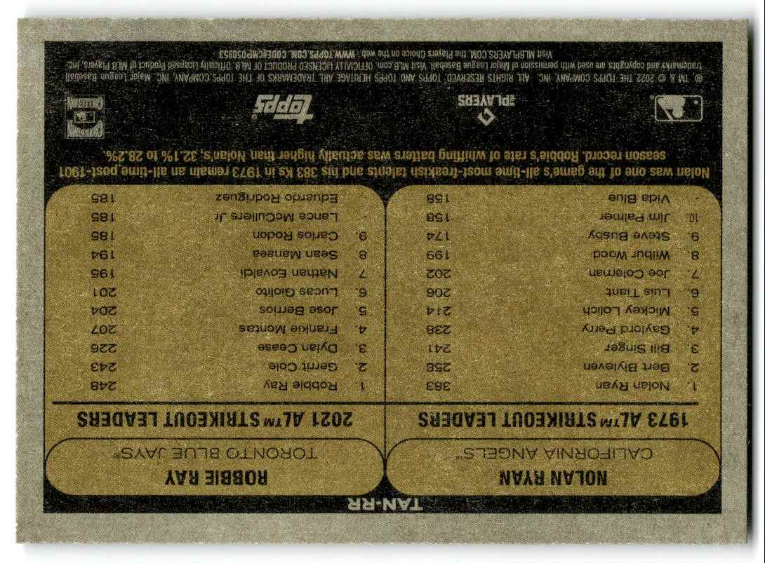 2022 Topps Heritage Then and Now Nolan Ryan/Robbie Ray #TAN-RR card back image