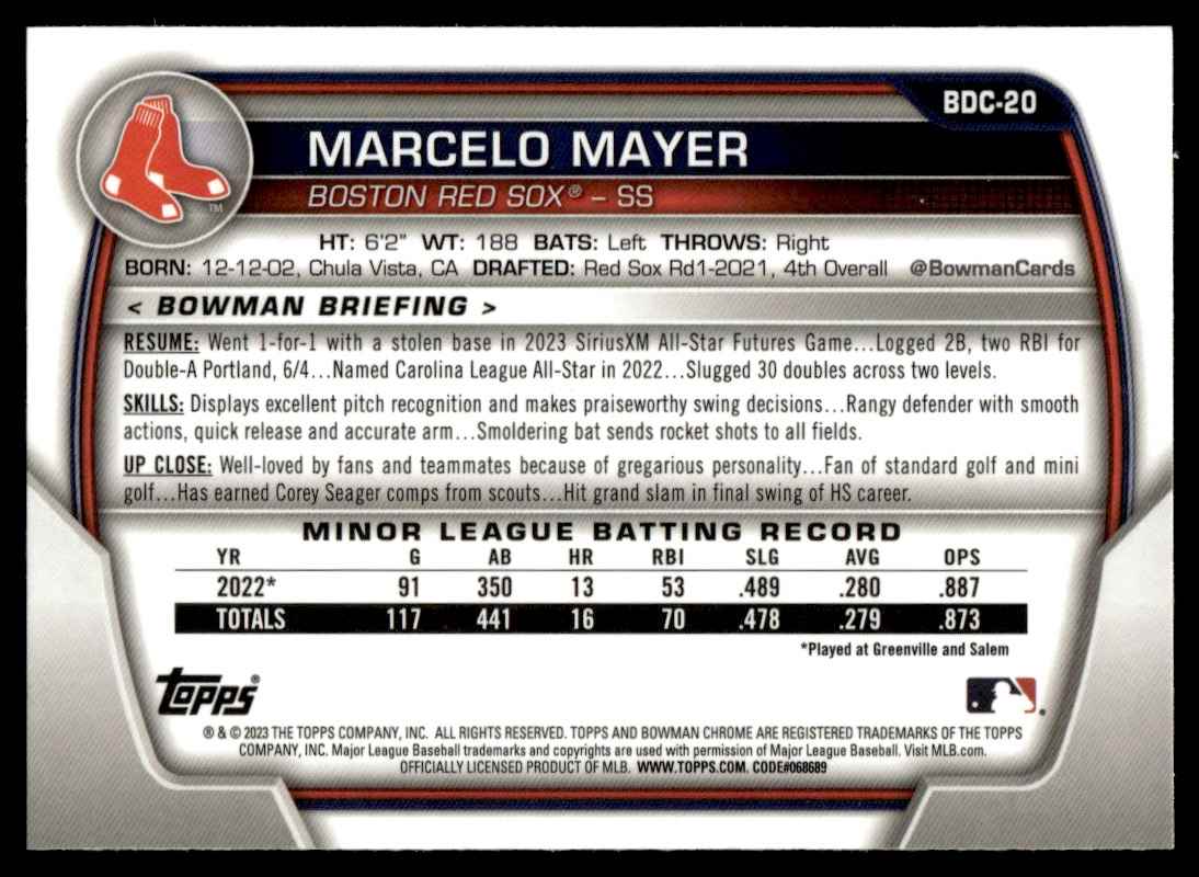 2023 Bowman Draft Chrome Marcelo Mayer #BDC-20 card back image