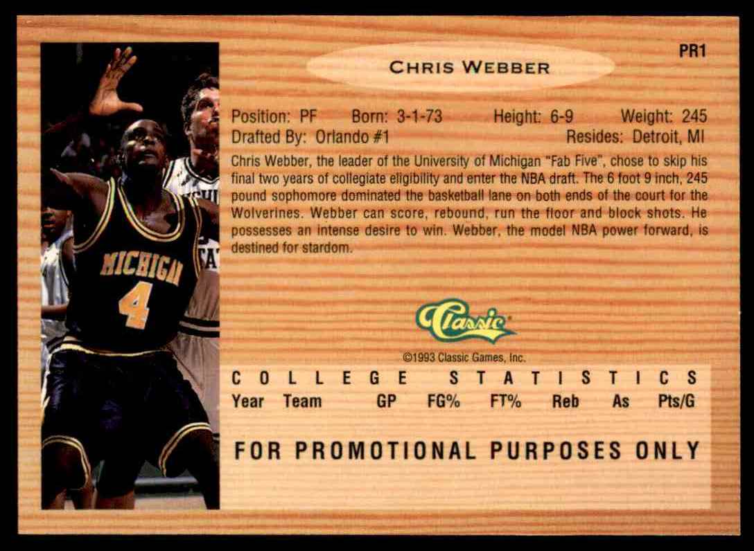 1993-94 Classic Draft Picks Promo Chris Webber #PR1 card back image