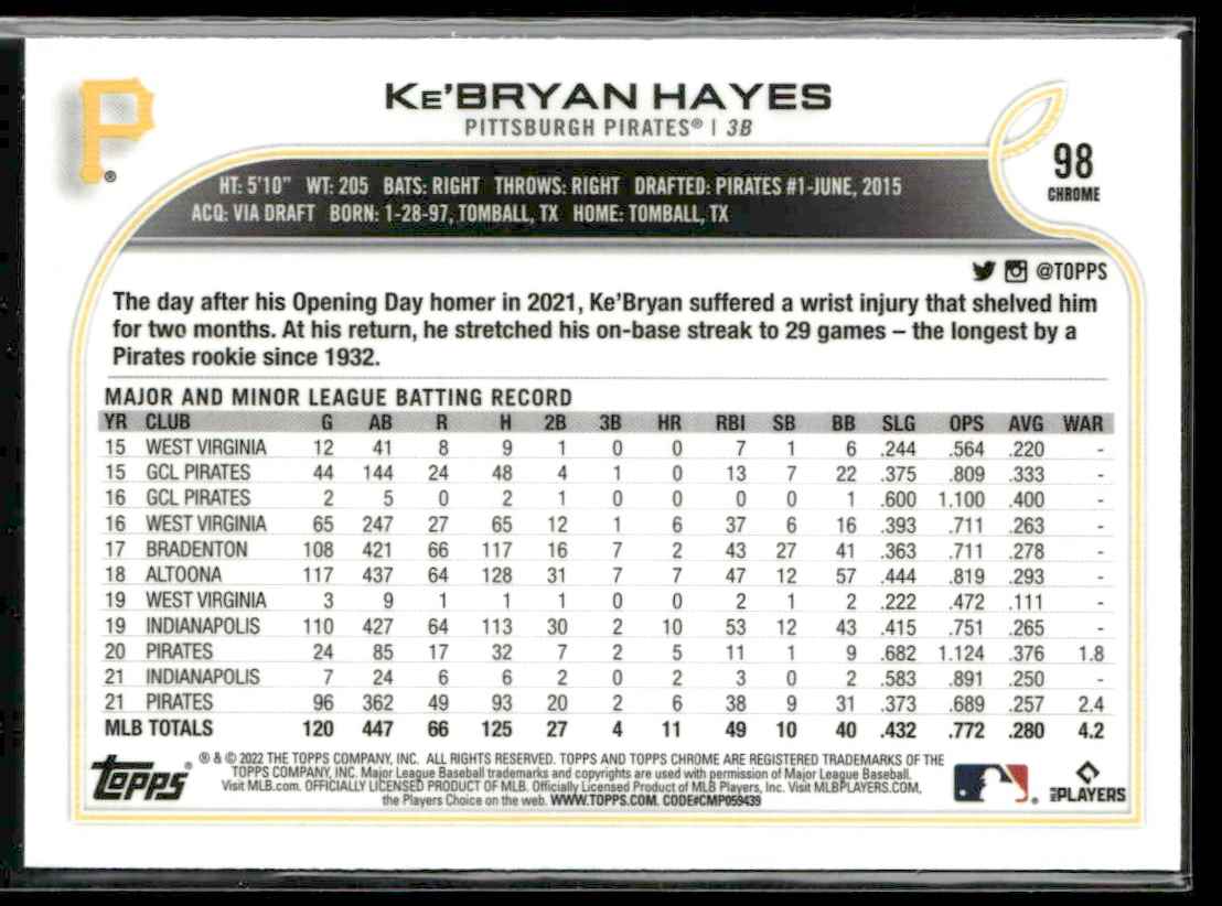 2022 Topps Chrome Refractor Ke'Bryan Hayes #98 card back image