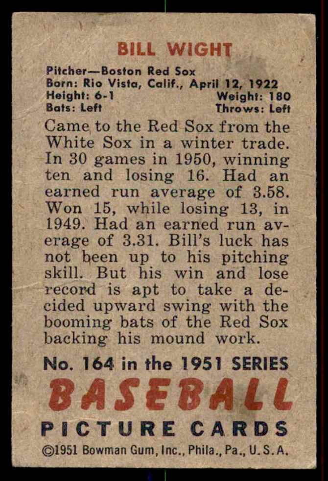 1951 Bowman Bill Wight #164 card back image