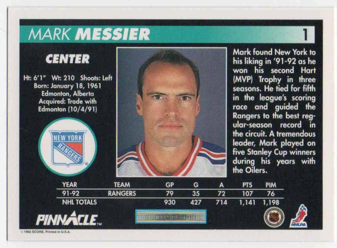 1992-93 Pinnacle Mark Messier #1 card back image