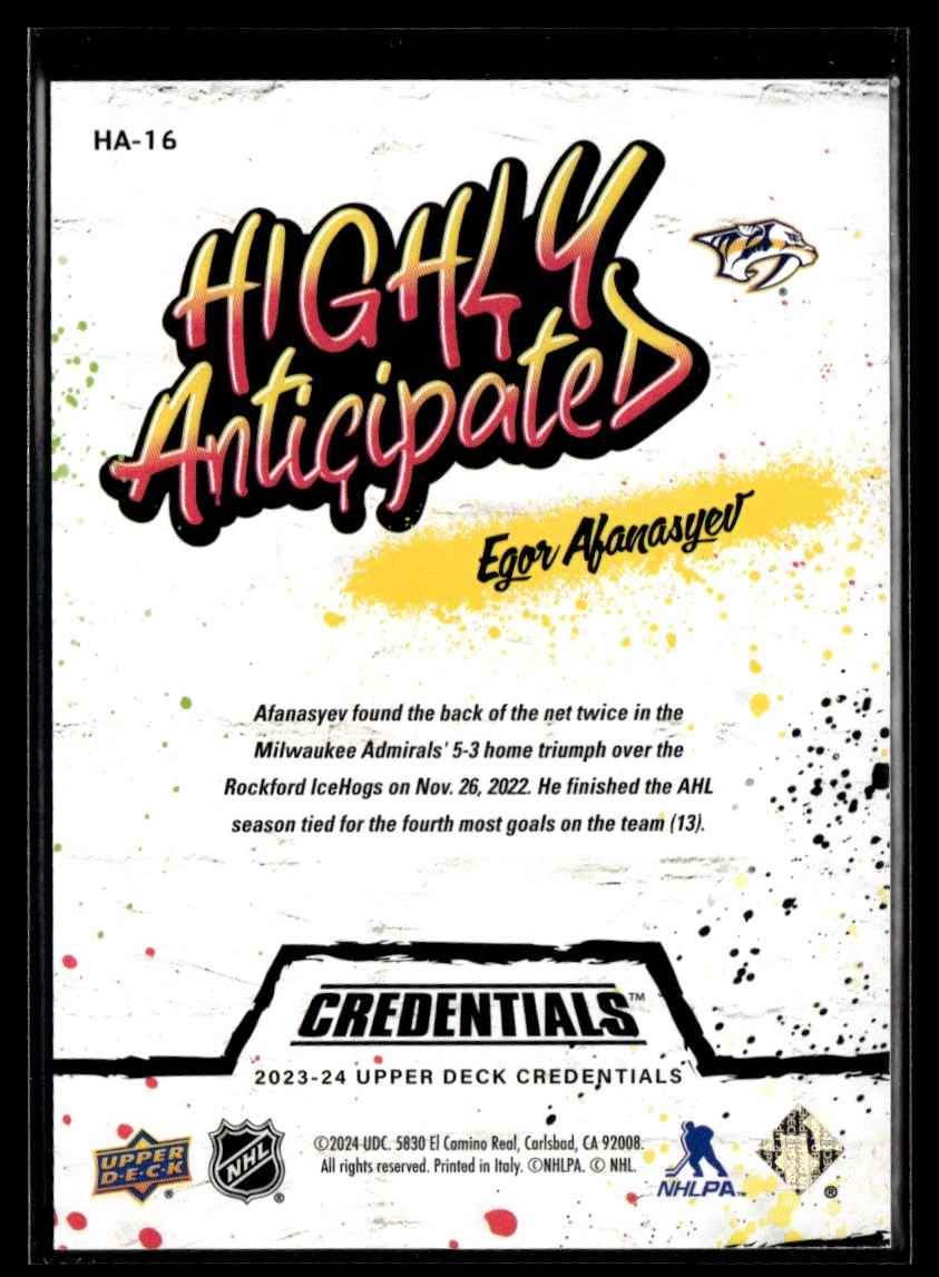 2023-24 Credentials Highly Anticipated Egor Afanasyev #HA-16 card back image