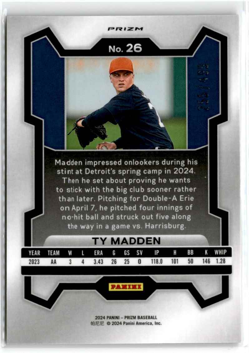 2024 Panini Prizm Pulsar Ty Madden #26 card back image