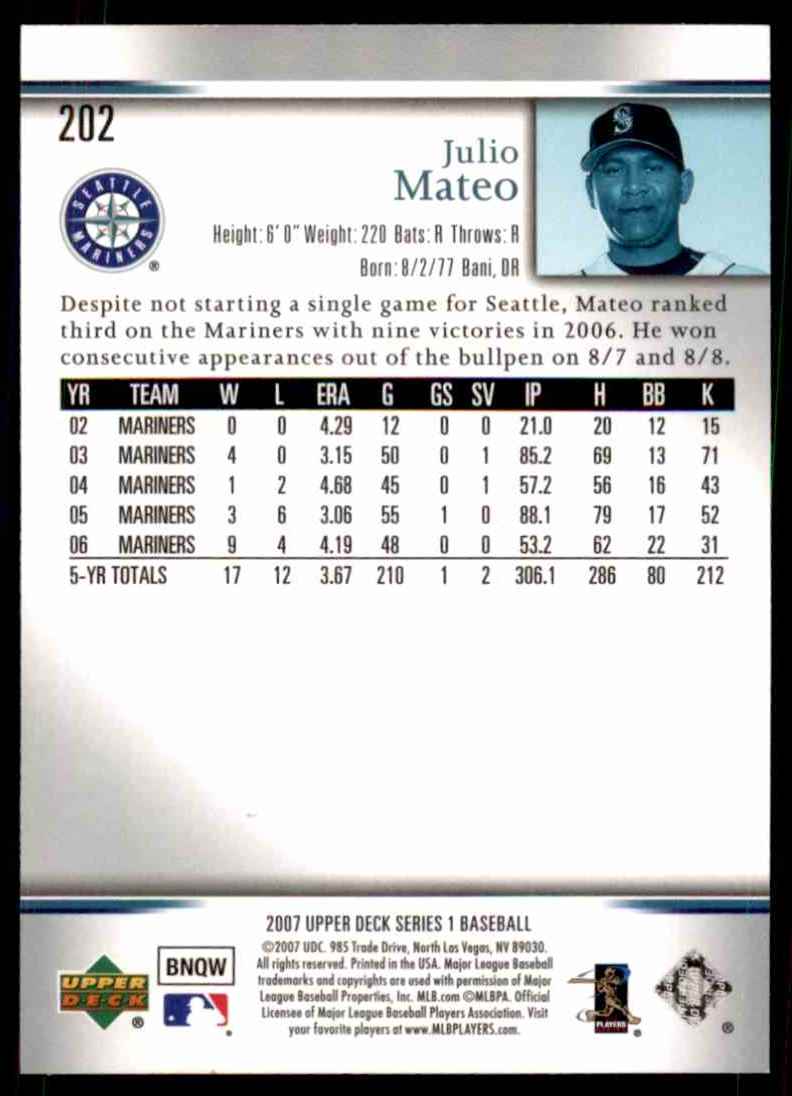 2007 Upper Deck Julio Mateo #202 card back image