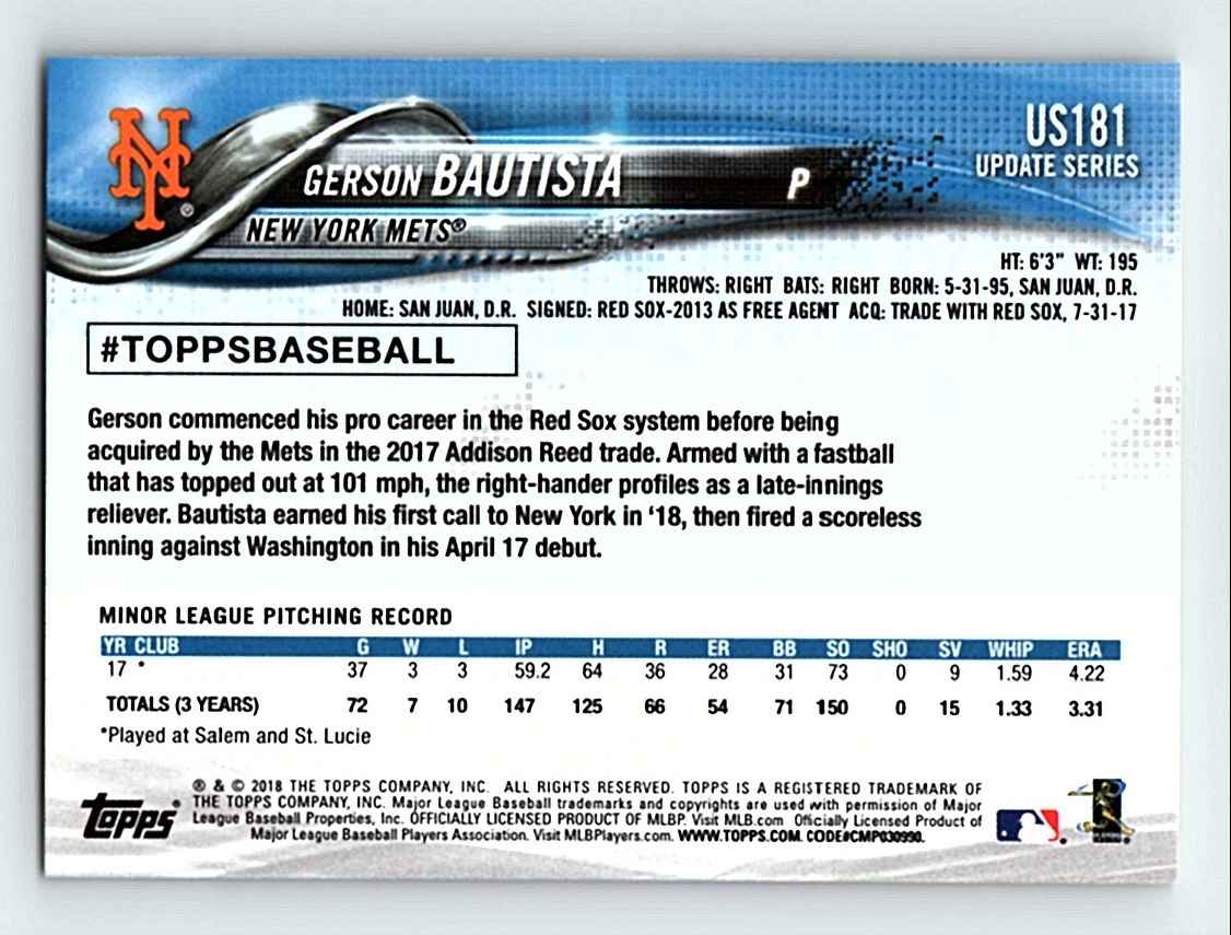 2018 Topps Update Gerson Bautista #US181 card back image