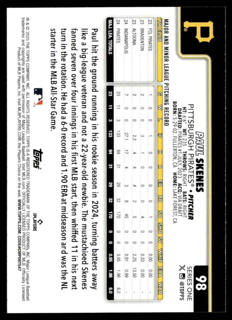 2025 Topps Paul Skenes #98 card back image