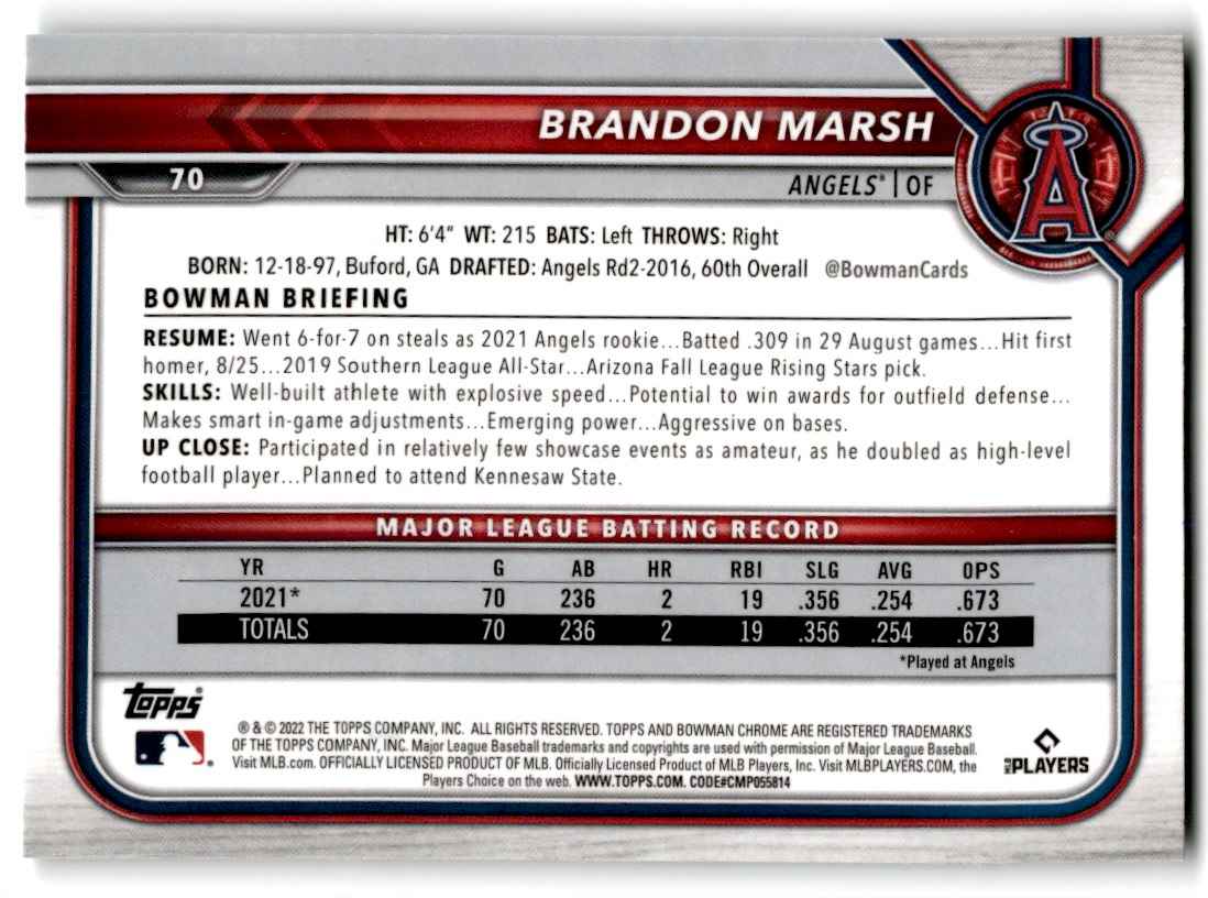 2022 Bowman Chrome Brandon Marsh #70 card back image