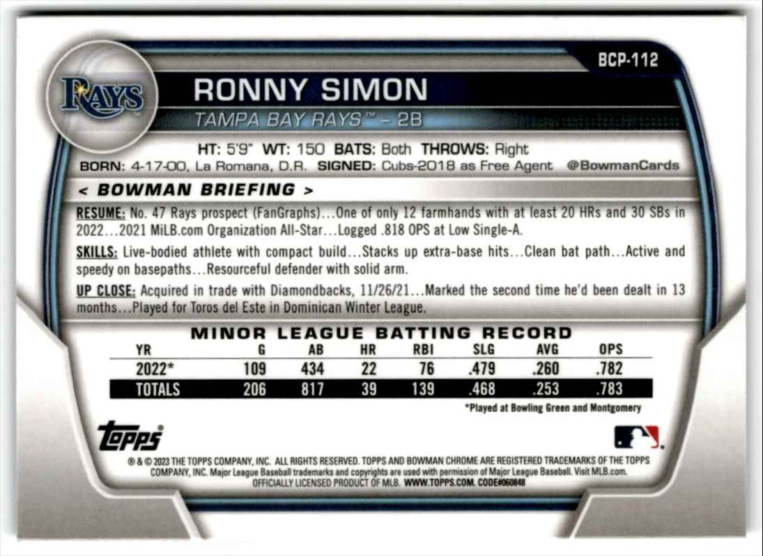 2023 Bowman Chrome Sapphire Prospects Ronny Simon #BCP-112 card back image