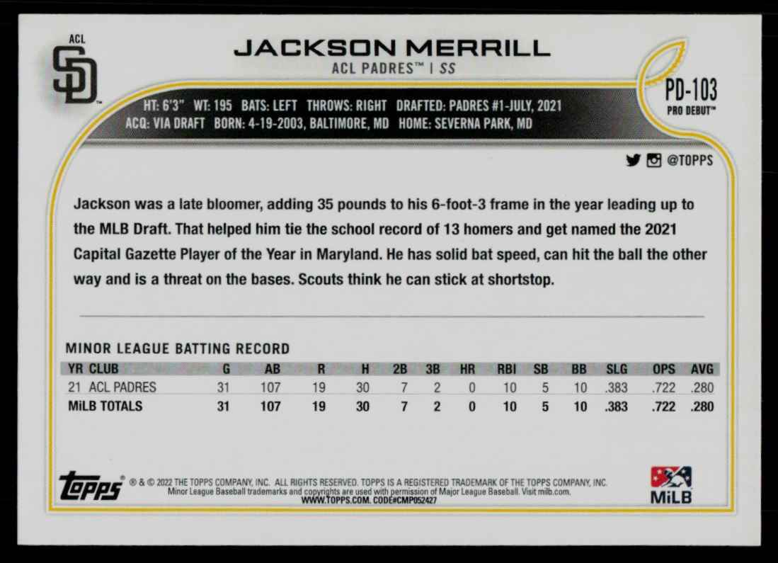 2022 Topps Pro Debut Jackson Merrill #PD-103 card back image