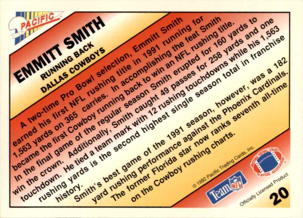 1992 Pacific Picks The Pros Gold Emmitt Smith #20 card back image