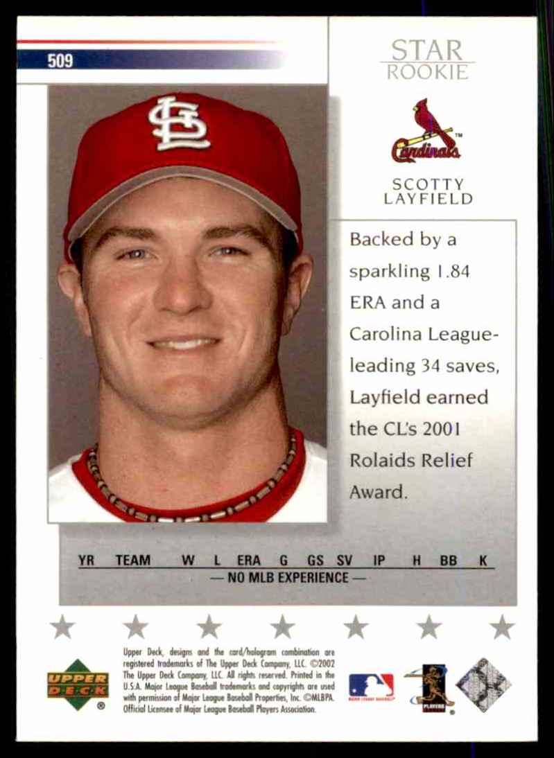 2002 Upper Deck Scotty Layfield Sr RC #509 card back image