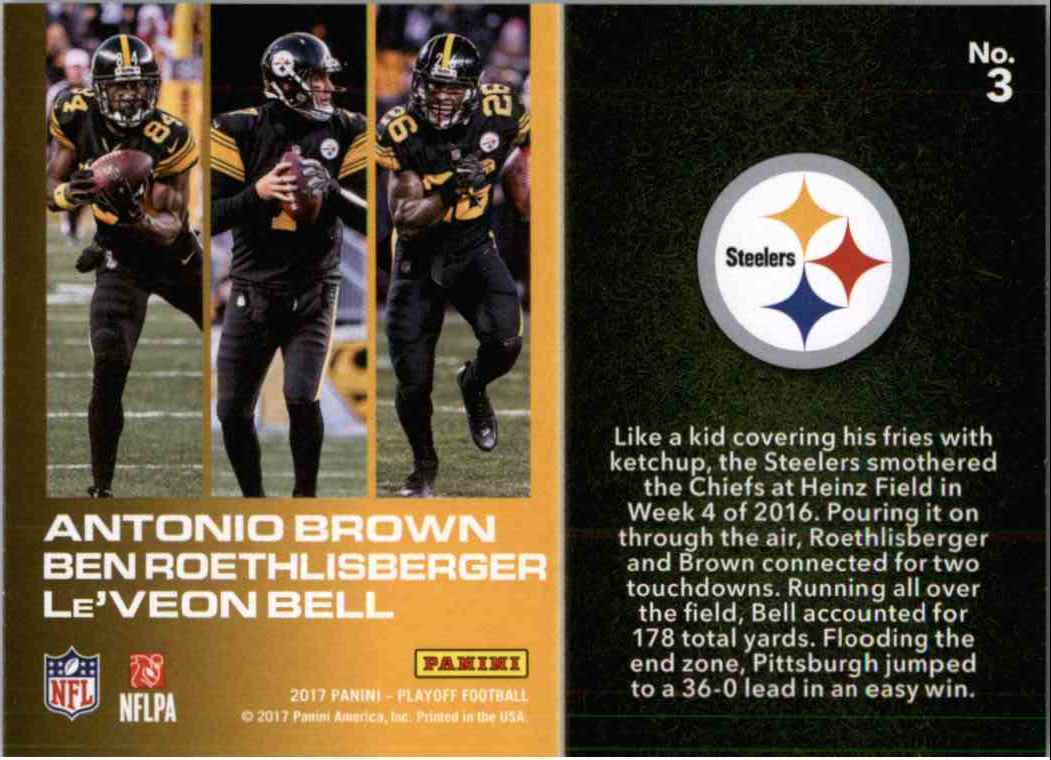 2017 Panini Playoff Flea Flicker Antonio Brown , Ben Roerhlisberger , Le'veon Bell #3 card back image