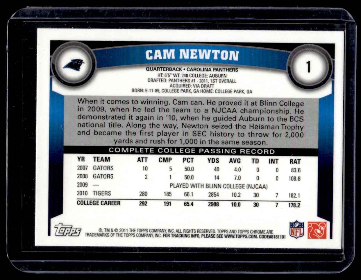 2011 Topps Chrome Cam Newton #1 card back image