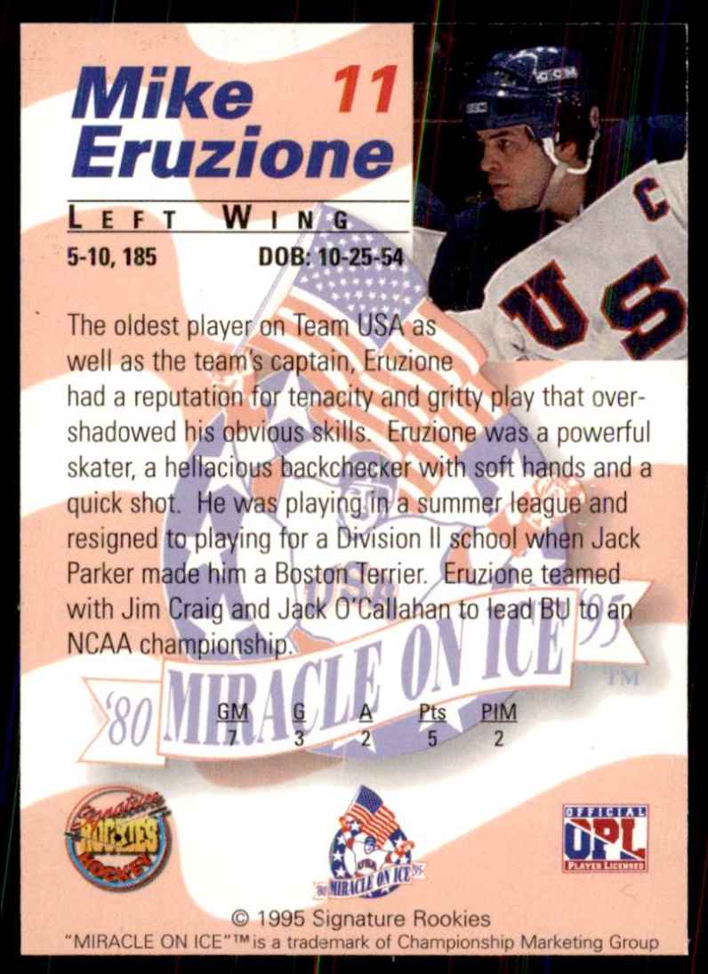 1995-96 Signature Rookies Miracle On Ice Mike Eruzione #11 card back image