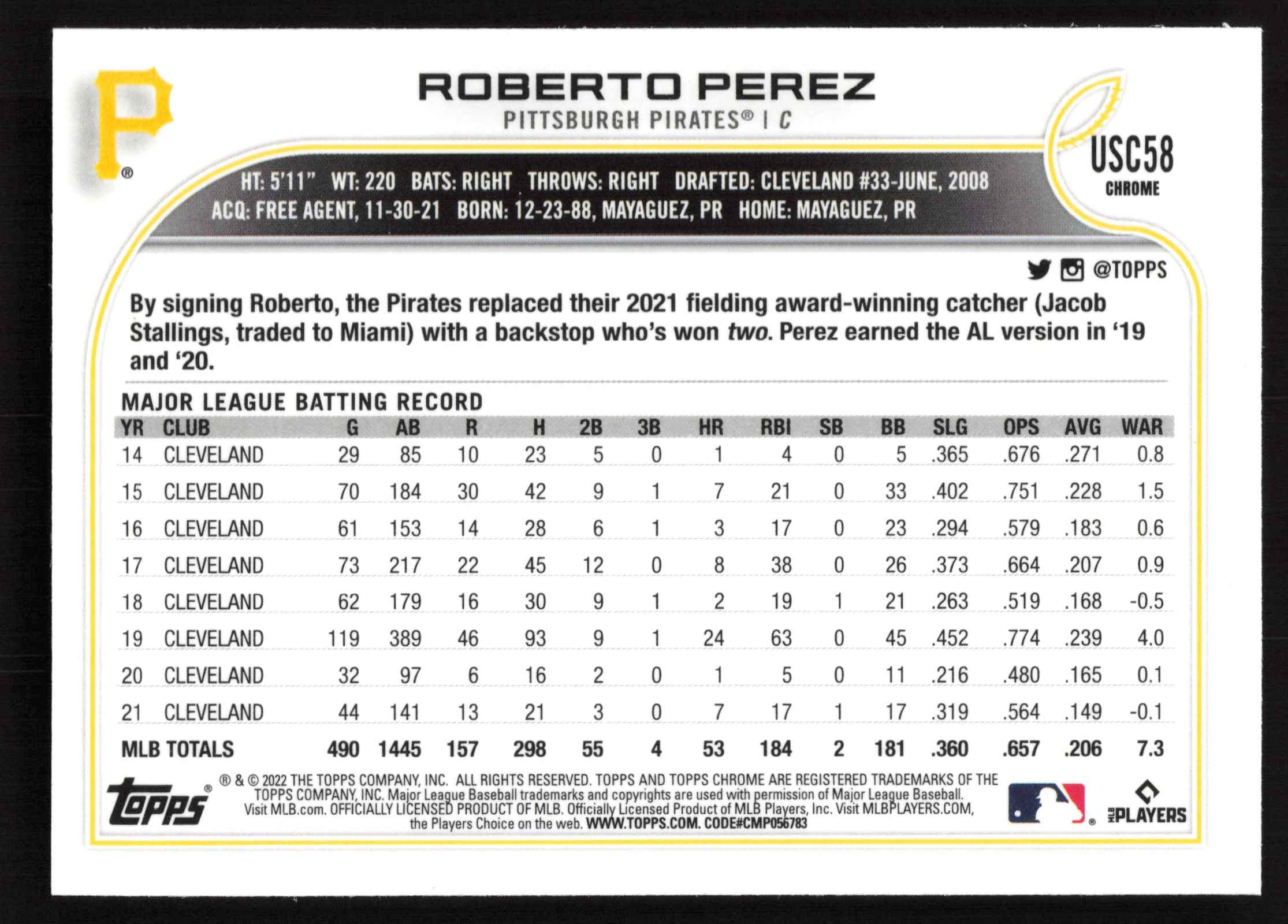 2022 Topps Chrome Update Purple Refractor Roberto Perez #USC58 card back image