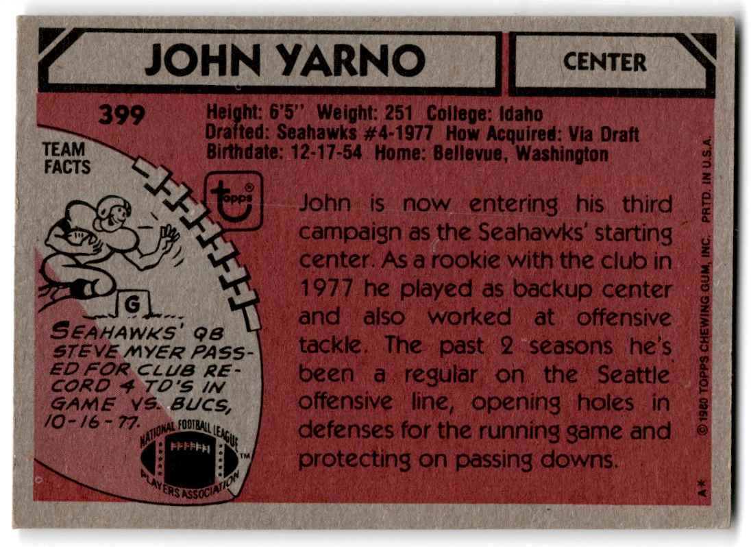 1980 Topps John Yarno #399 card back image