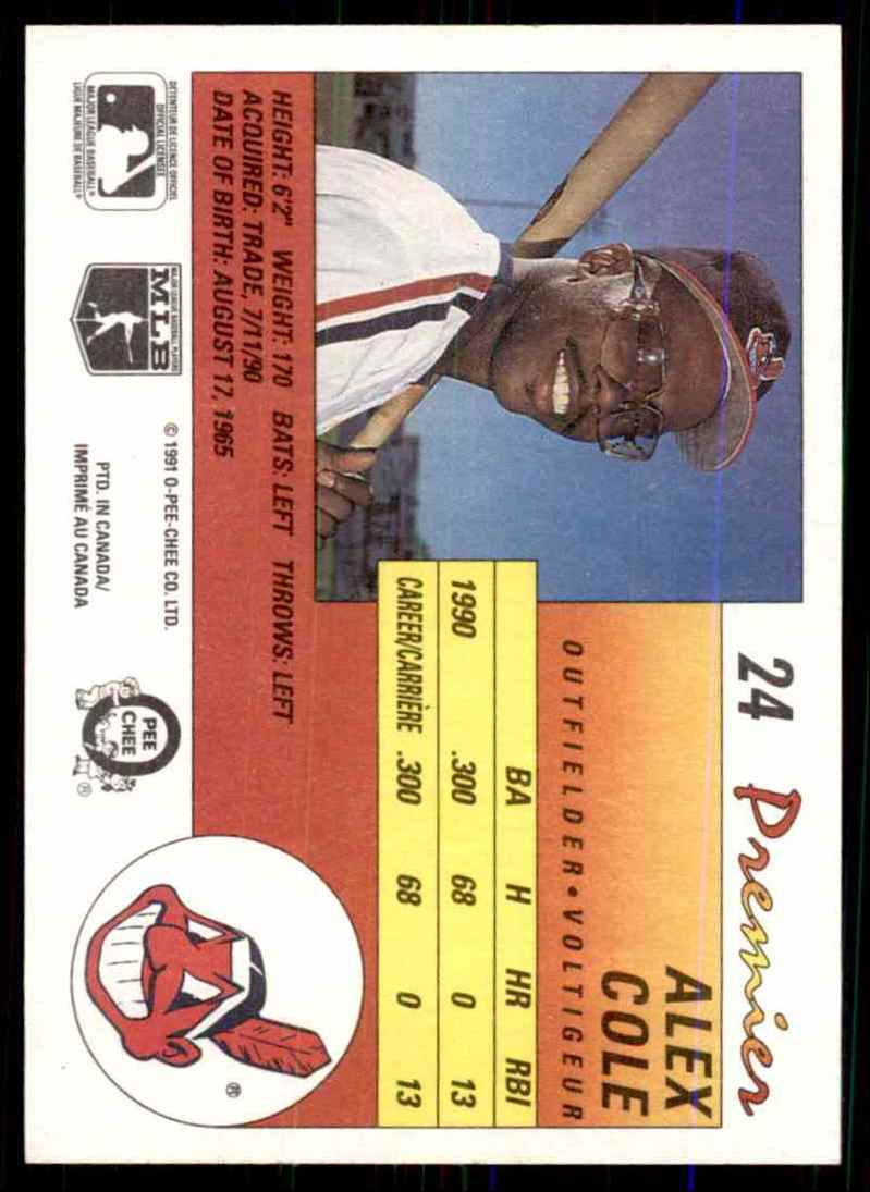 1991 O-Pee-Chee Premier Alex Cole #24 card back image