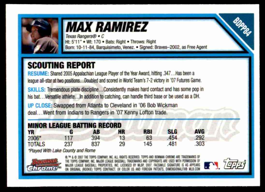 2007 Bowman Chrome Draft Future's Game Prospects ! Max Ramirez #BDPP84 card back image