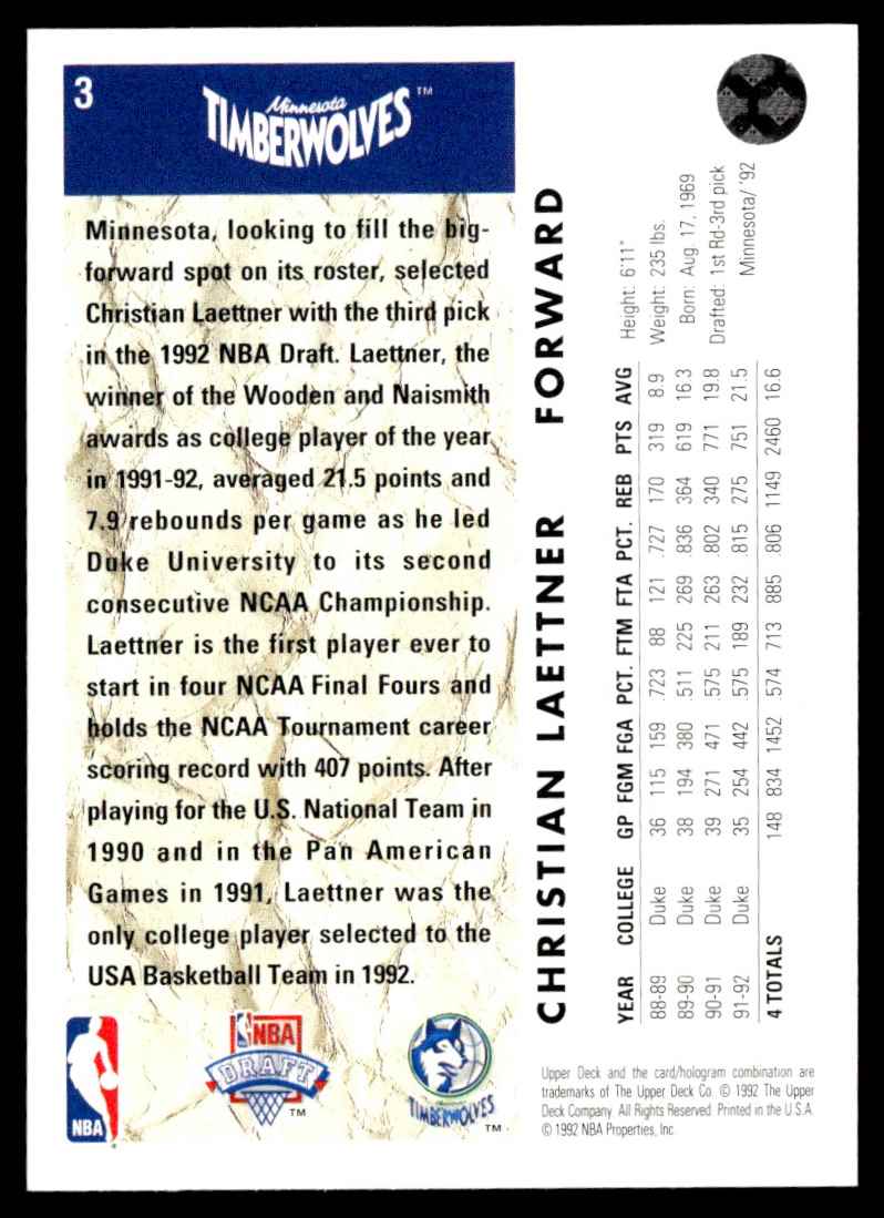 1992-93 Upper Deck Christian Laettner #3 card back image