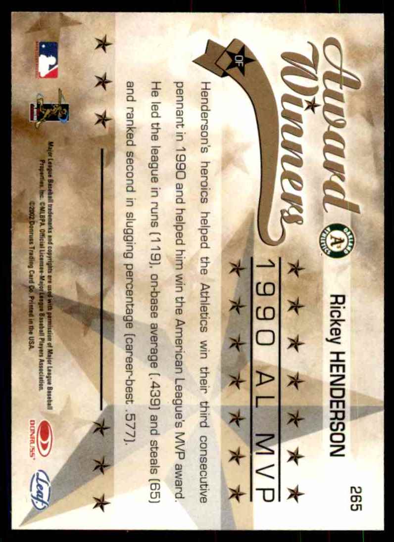 2002 Leaf Rookies & Stars Rickey Henderson 90 MVP #265 card back image