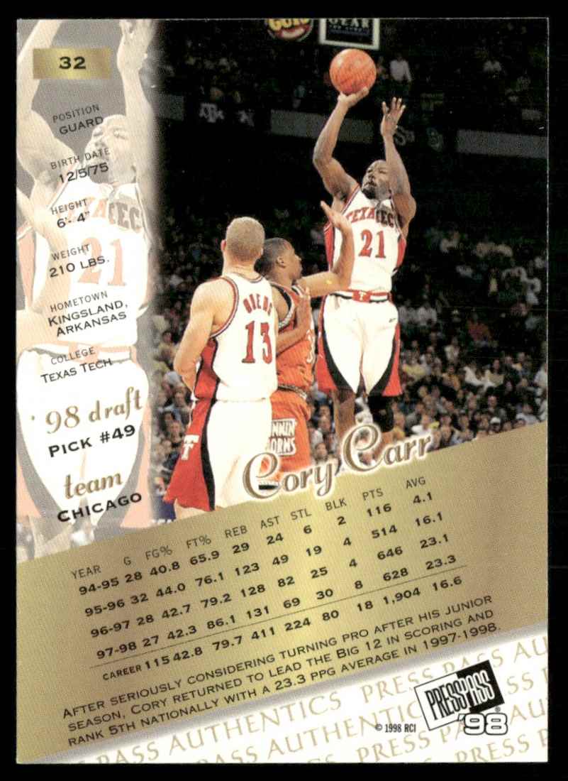 1998-99 Press Pass Authentics Hang Time Cory Carr #32 card back image