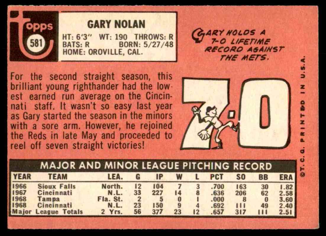1969 Topps Gary Nolan #581 card back image