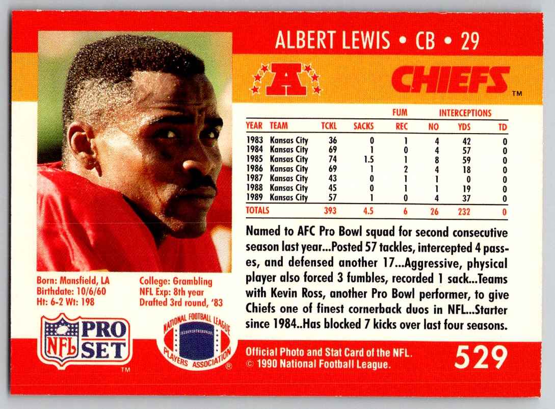 1990 Pro Set Albert Lewis #529 card back image