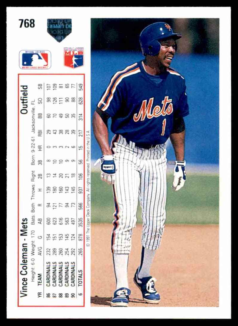 1991 Upper Deck Upper Deck Baseball Vince Coleman #768 card back image
