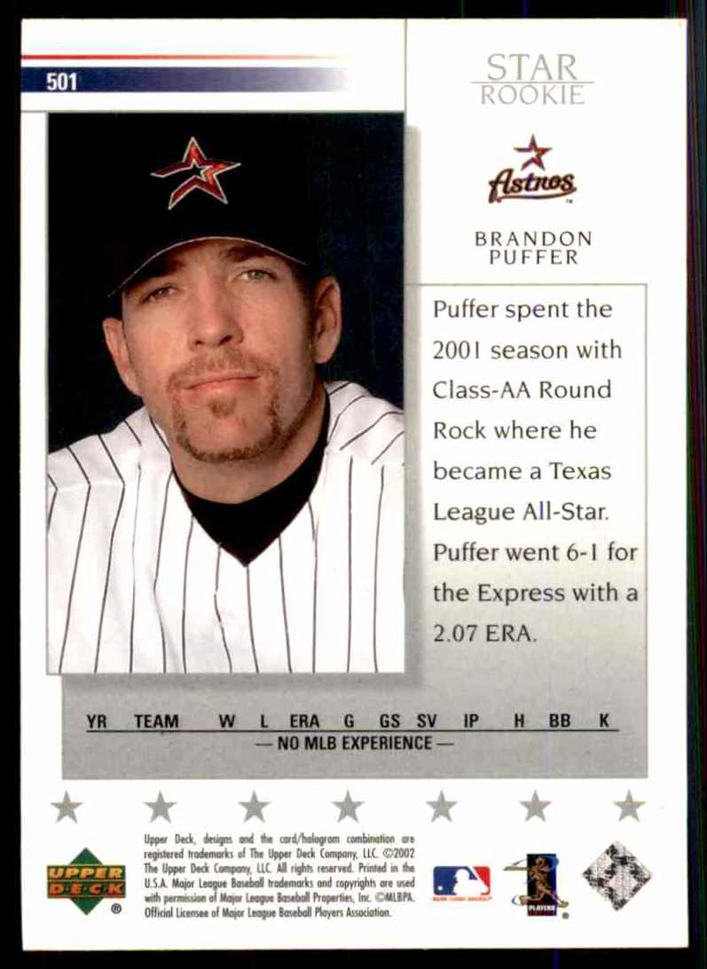 2002 Upper Deck Brandon Puffer Sr RC #501 card back image