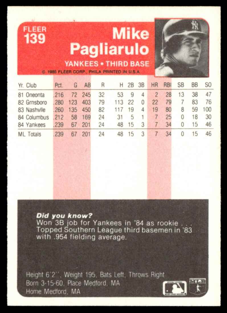 1985 Fleer Mike Pagliarulo #139 card back image