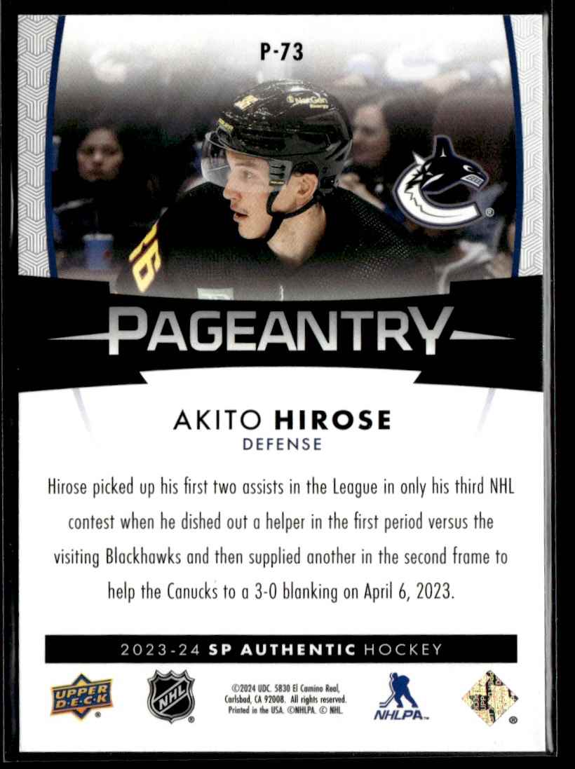 2023-24 SP Authentic Pageantry Akito Hirose #P-73 card back image