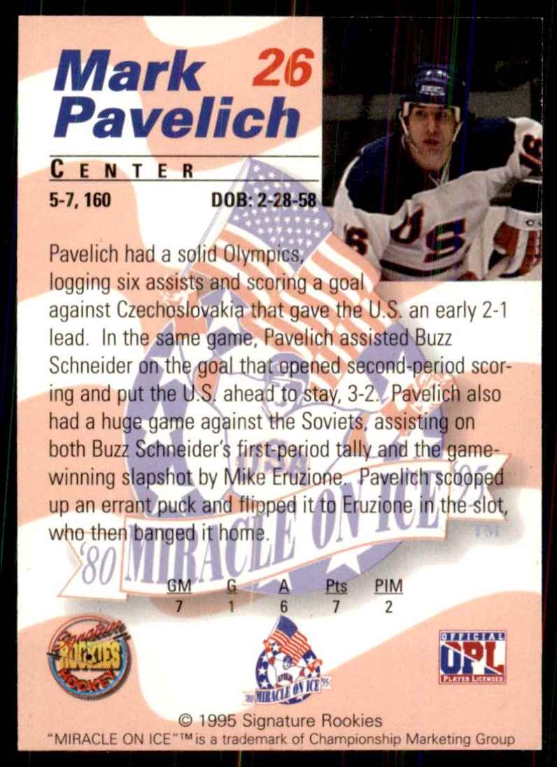 1995-96 Signature Rookies Miracle On Ice Mark Pavelich #26 card back image