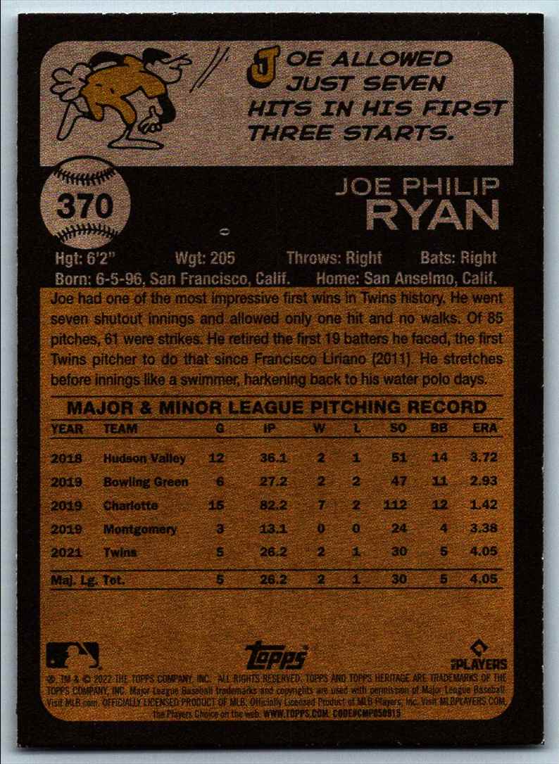 2022 Topps Heritage High Number Joe Ryan #370 card back image