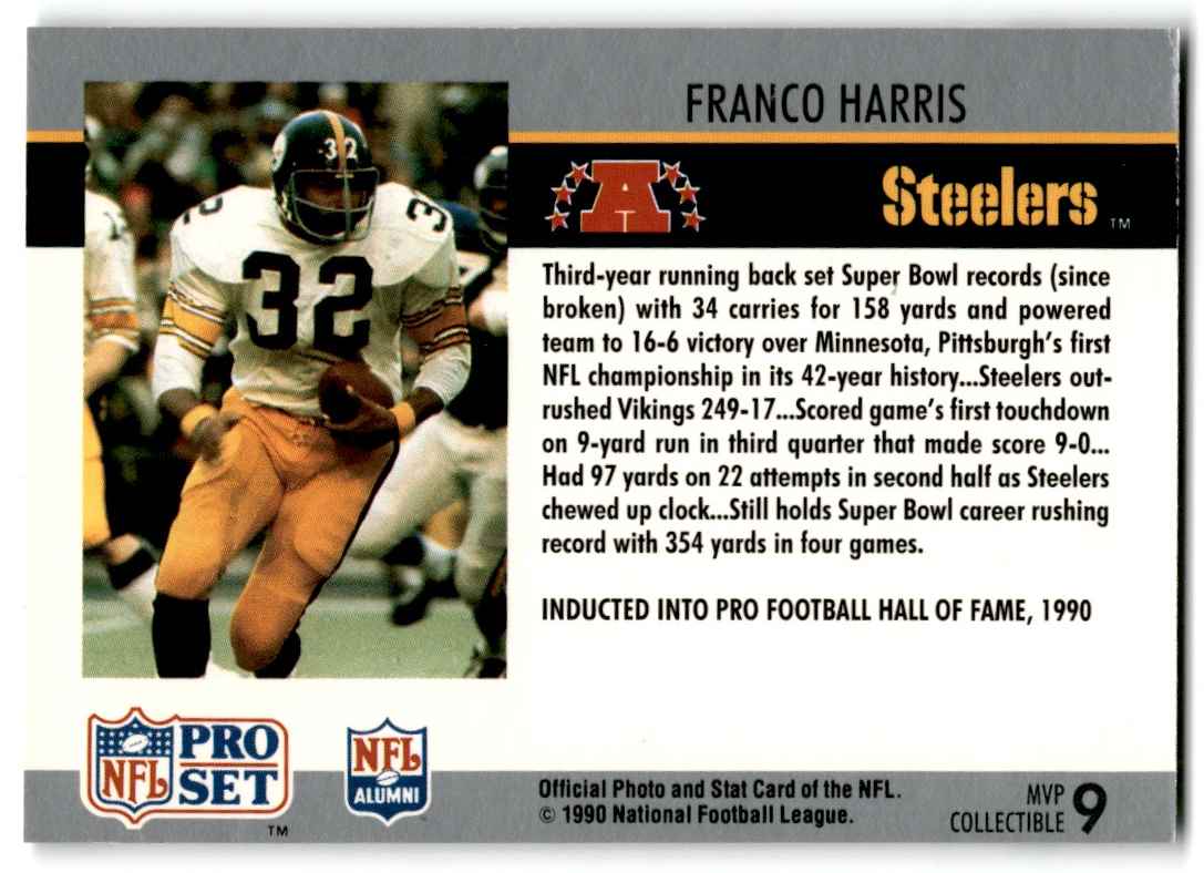 1990 Pro Set Super Bowl MVP Collectibles Franco Harris #9 card back image