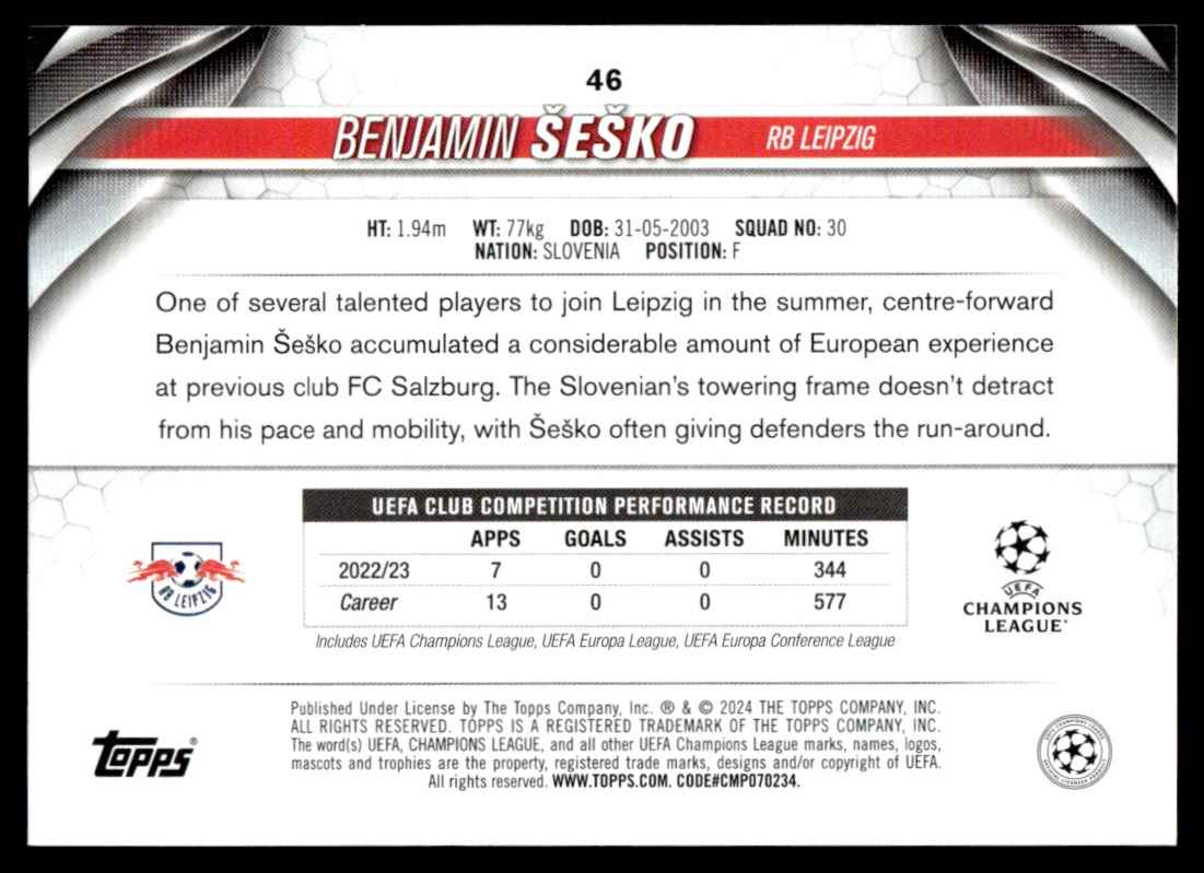 2023 Topps UEFA Club Benjamin Sesko #46 card back image