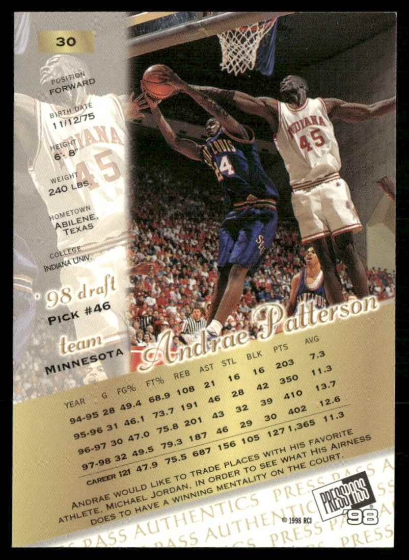 1998-99 Press Pass Authentics Hang Time Andrae Patterson #30 card back image
